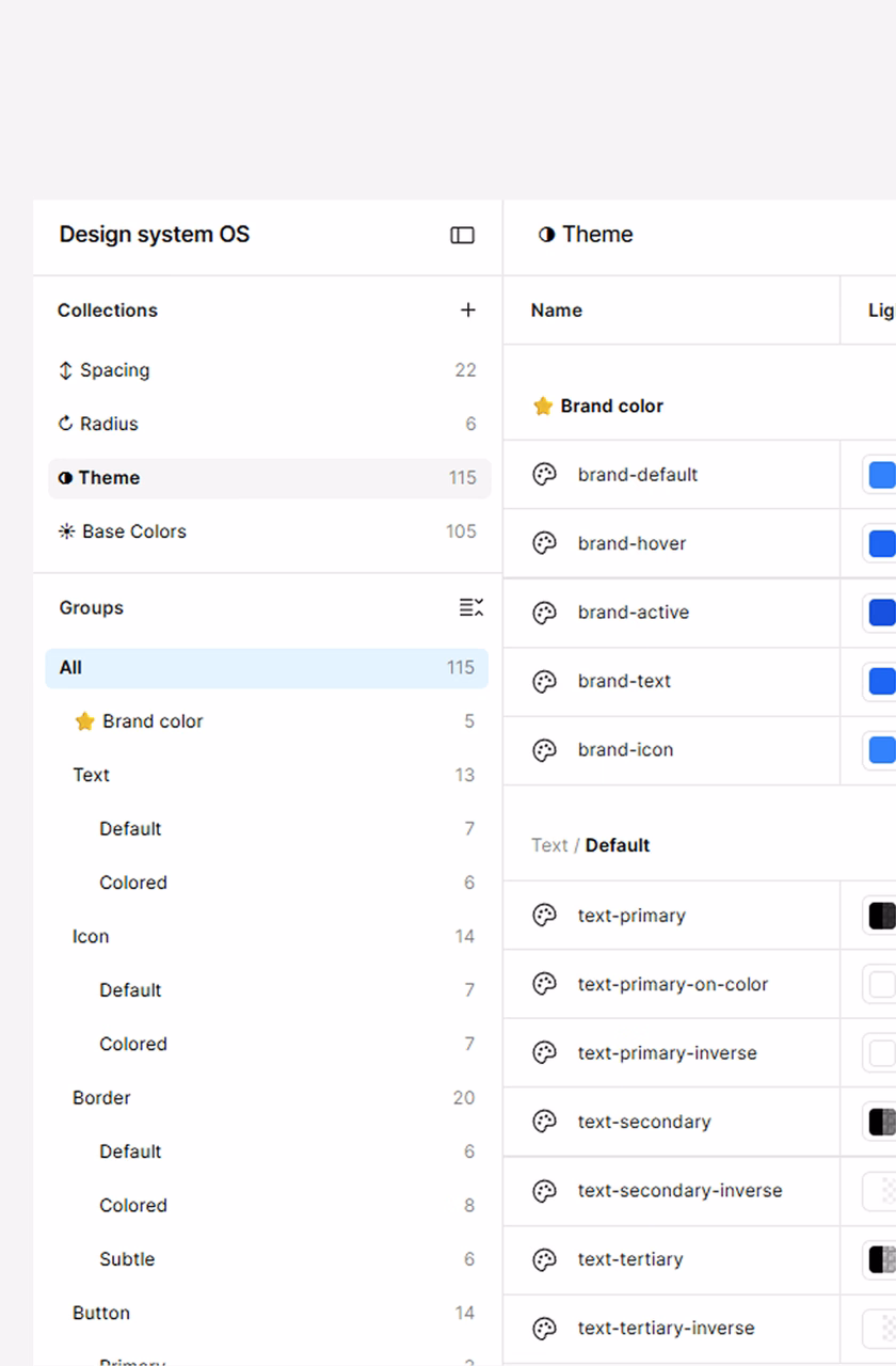 Design tokens: theme collection with brand, text and icon colors for light and dark modes